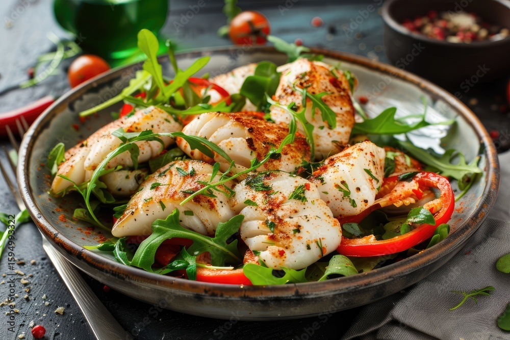 Cod with roasted sweet peppers, cherry tomatoes, and microgreens in warm salad with Mediterranean touch
Cod with roasted sweet peppers, cherry tomatoes, and microgreens in warm salad with Mediterranean touch