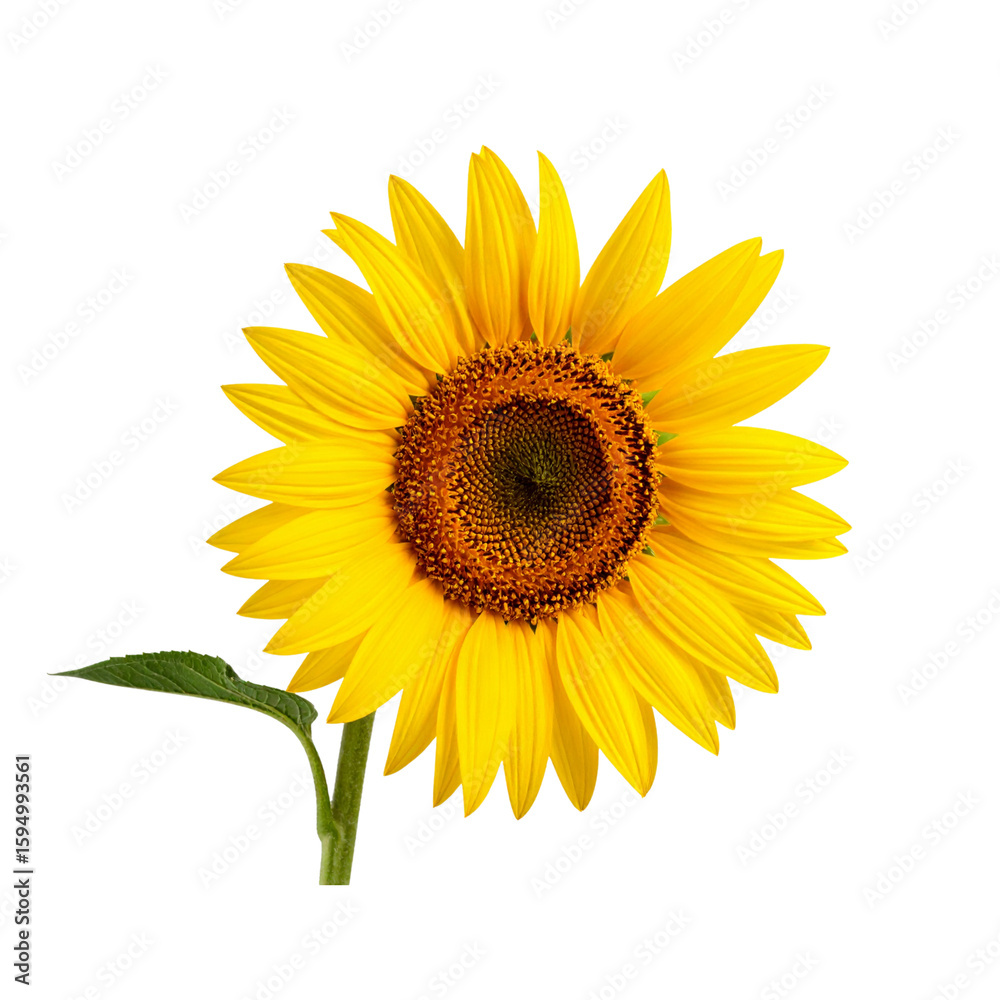 Fototapeta premium Bright Sunflower with Long Stem Leaning Left, isolated on a transparent background” 