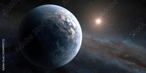 Fototapeta Naklejka Na Ścianę i Meble -  Super earth planet discovered in distant space, this intriguing super earth planet is an exoplanet from an entirely different star system, showcasing unique characteristics of such celestial bodies.
