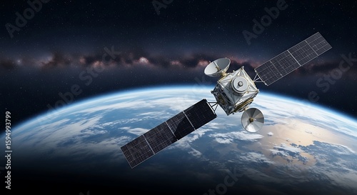 A satellite with solar panels orbits earth, showcasing technological advancement in space exploration and global communication