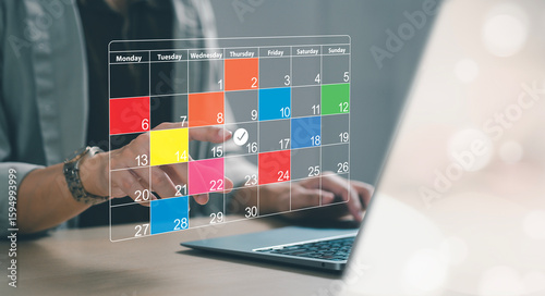 Business planner, organize and schedule activities, to set calendar schedule mark target date on colored paper, appointment reminder calendar for work schedule, schedule.