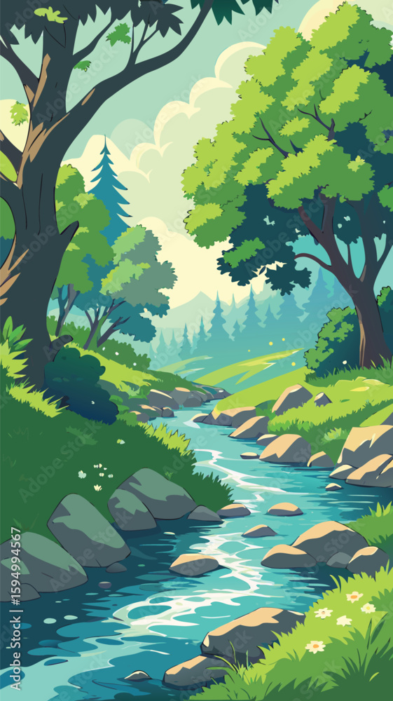 Fototapeta premium Lush Green Forest and Freshwater River Vector Design