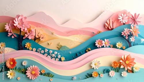 3D paper cut-out layered background of a garden scene with hills, bushes, and blooming flowers in pastel colors and abstract curves