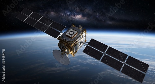A satellite gracefully orbits earth, symbolizing technological advancement and global communication in the vast expanse of space