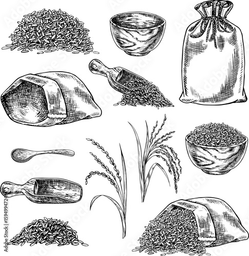 Rice set, bag, wooden bowl, spatula, spoon, handful of rice, wooden bowl, and spatula. Black and white graphics, vector illustrations. Element of menu design, recipes, and cookbooks. For packaging.