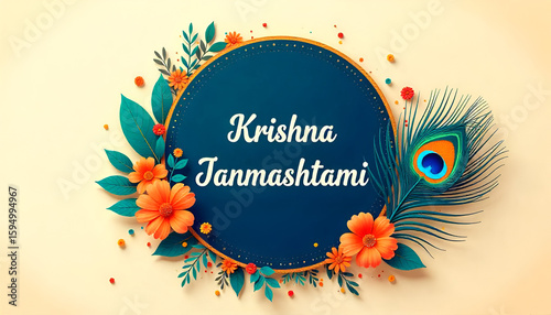 Watercolor illustration of round stylized frame for krishna janmashtami.