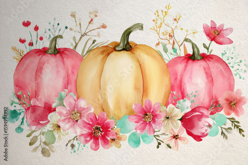 Watercolor Autumnal Arrangement of Pumpkins, Flowers, and Leaves, space for text