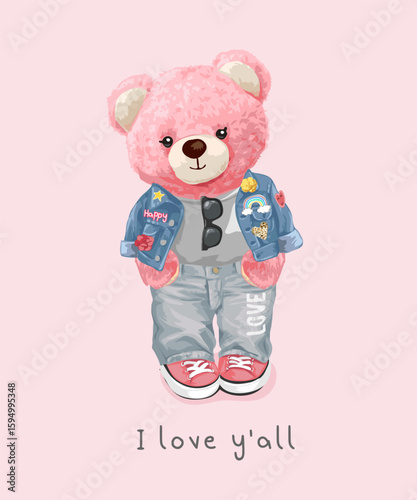 pink bear doll in denim jacket vector illustration