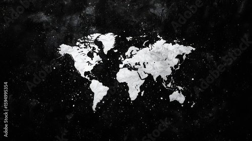 Abstract World Map with Black Background and White Marble Effect