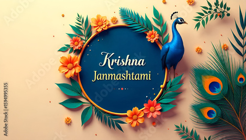 Watercolor illustration of round stylized frame for krishna janmashtami.