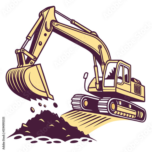 Excavator with shovel scooping dirt, isolated on a clean background for construction or industry.