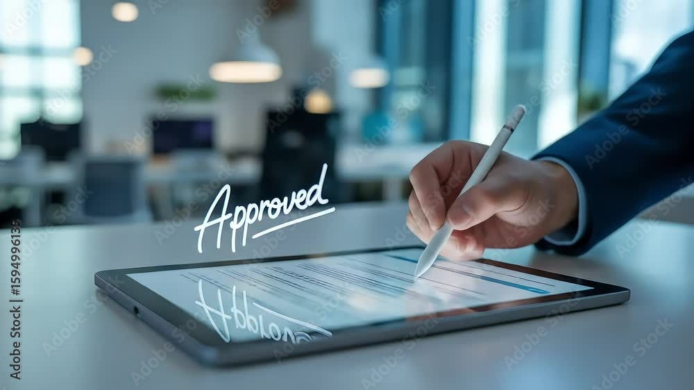 Digital signature approval on a tablet with stylus shows modern agreement and authorization