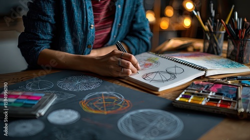 Creative individual drawing abstract designs on paper.