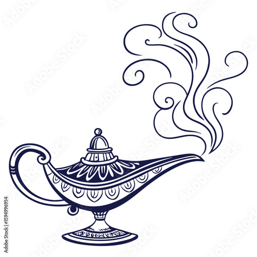 Genie lamp emanating smoke, isolated on a clean background for magic or wishes.