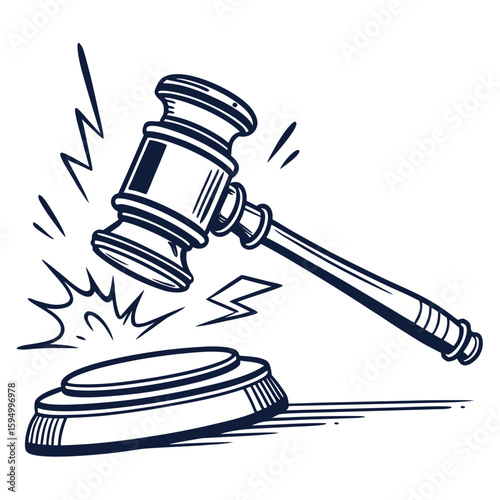 Gavel hitting block, isolated on a clean white background for law or justice.