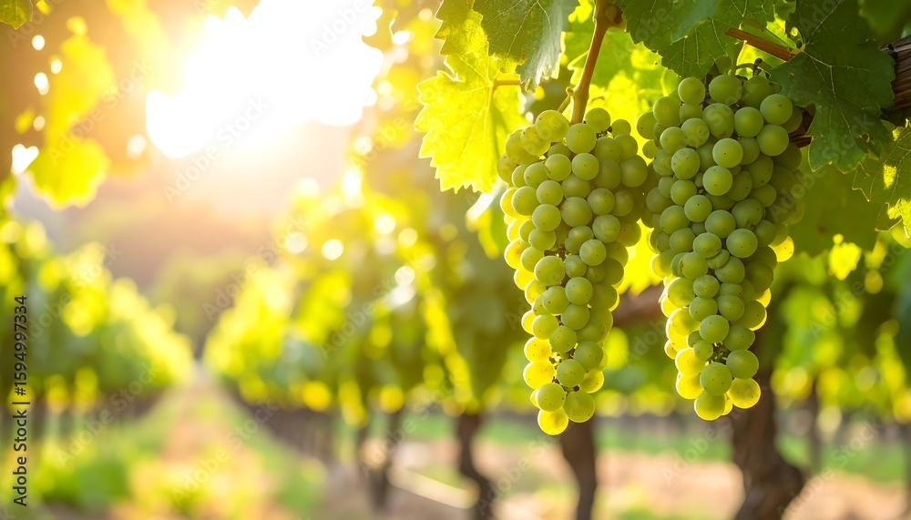 Fototapeta premium Lush green grapes hang on vines in a sun-drenched vineyard, ready for harvest.