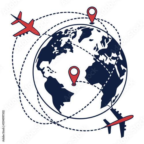 Globe with an airplane path, isolated on a clean white background for travel or global communication.