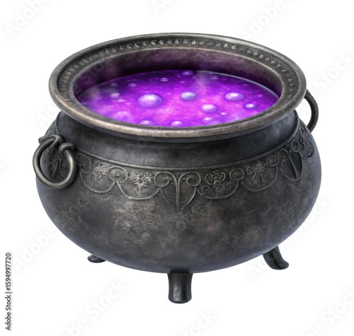 Ancient cauldron with bubbling purple potion inside