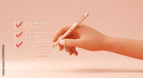 A 3d render of a hand holding a pen next to a digital checklist, symbolizing productivity and efficient task management in a modern design