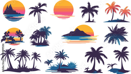Tropical Island Silhouettes with Palm Trees and Sunset Seamless Vector Pattern