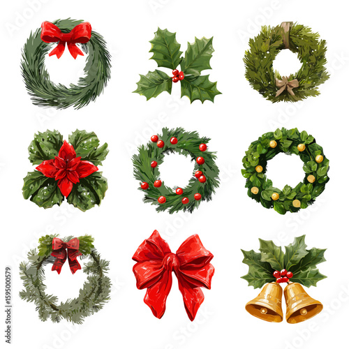 Icon set of wreath components: pine bough ring, holly sprig, ribbon bow, jingle bell cluster