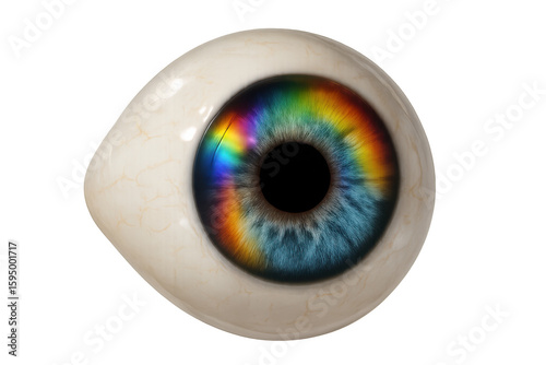 Realistic 3d rendering showing rainbow-colored human eyeball against transparent backdrop