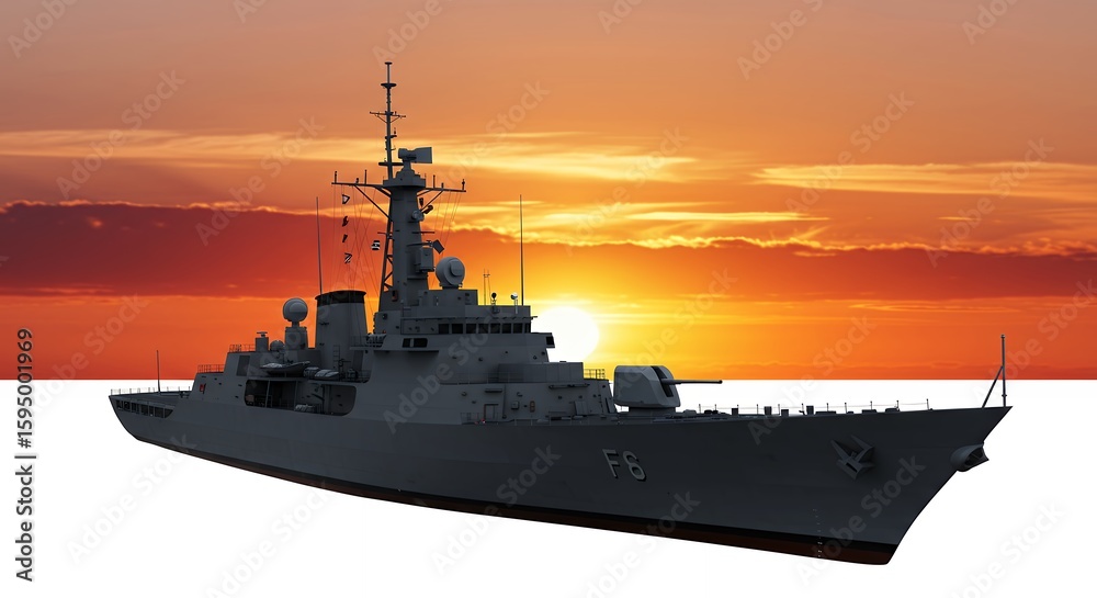 Fototapeta premium Warship silhouette at sunset