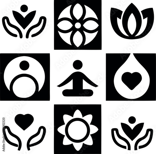 A grid of nine black and white icons symbolizing wellness and mindfulness. The first row features a heart within hands, a floral design, and a lotus flower. The second row includes a figure.....