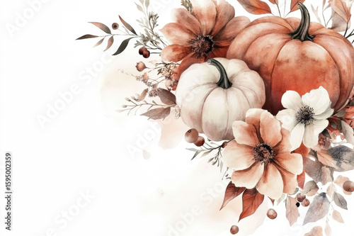 Watercolor Autumnal Arrangement of Pumpkins, Flowers, and Leaves, space for text