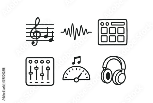 hand drawn cute doodle style isolated music scale diagram music waveform graph music sampler pad music mixing console music tuner dial music headphone speaker