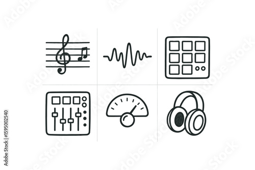 hand drawn cute doodle style isolated music scale diagram music waveform graph music sampler pad music mixing console music tuner dial music headphone speaker