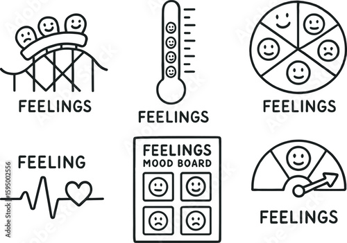 hand drawn cute doodle style isolated feelings rollercoaster icon feelings thermometer chart feelings color wheel feelings heartbeat feelings mood board feelings empathy gauge