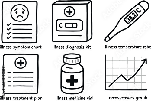 hand drawn cute doodle style isolated illness symptom chart illness diagnosis kit illness temperature probe illness treatment plan illness medicine vial illness recovery graph