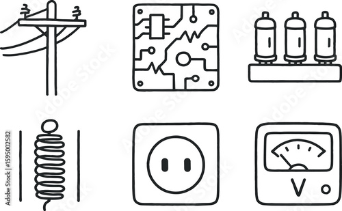 hand drawn cute doodle style isolated electricity power electricity circuit board electricity capacitor bank electricity transformer coil electricity plug socket electricity voltage meter