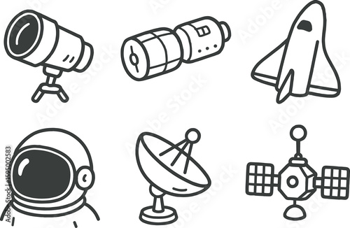 hand drawn cute doodle style isolated space telescope lens space station module space shuttle wing space suit helmet space radar dish space probe antenna