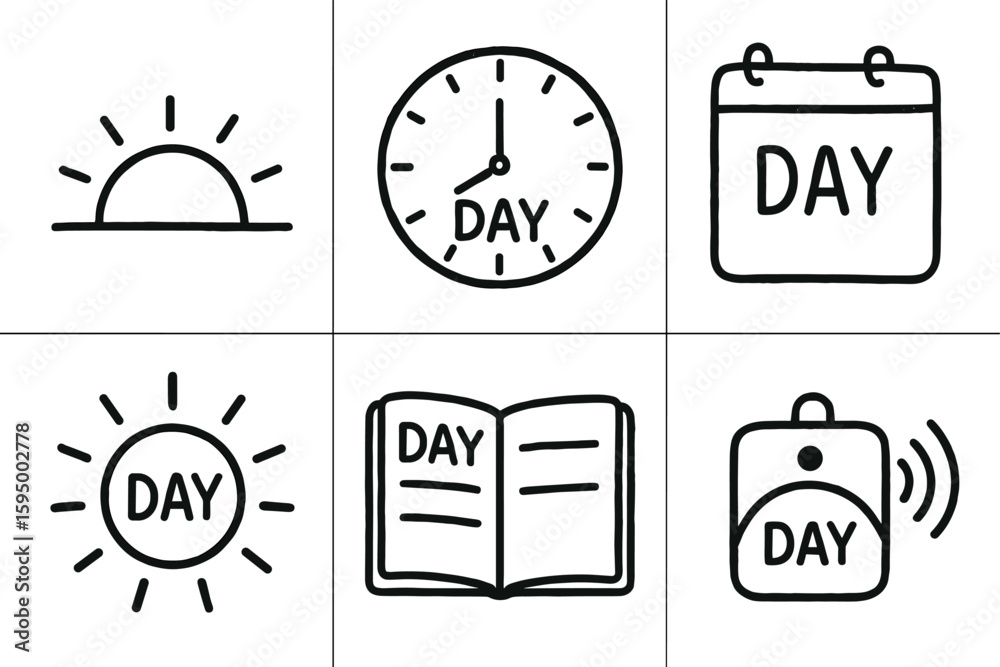 Fototapeta premium hand drawn cute doodle style isolated daybreak horizon marker day clock face day calendar page day sunbeam filter day diary entry day sensor