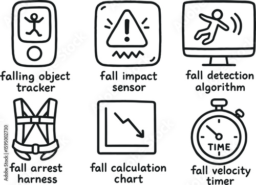 hand drawn cute doodle style isolated falling object tracker fall impact sensor fall detection algorithm fall arrest harness fall calculation chart fall velocity timer