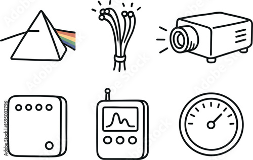 hand drawn cute doodle style isolated prism panel waveguide fiber beam projector sensor array spectrum meter intensity dial