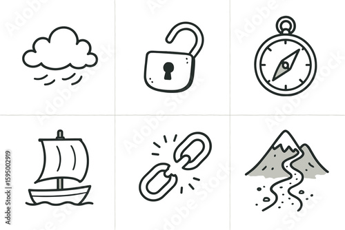 hand drawn cute doodle style isolated open sky horizon unlocked shackle link pathfinder compass sail unfurled sheet breaking chain link bare mountain trail