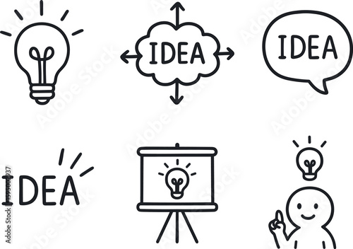 hand drawn cute doodle style isolated idea bulb icon idea mind map idea concept bubble idea spark streak idea brainstorming board idea eureka moment