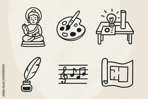 hand drawn cute doodle style isolated creator deity statue creator artist palette creator inventor desk creator author quill creator composer staff creator architect blueprint