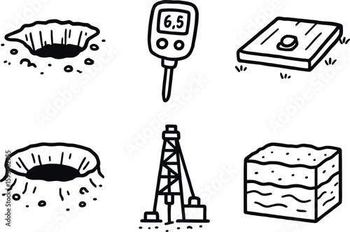 hand drawn cute doodle style isolated pit excavation site pit soil tester pit trapdoor cover pit crater rim pit drilling rig pit sediment layer