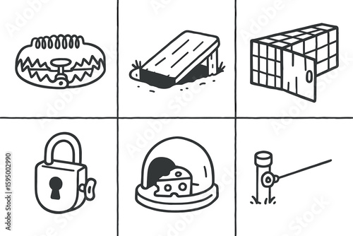 hand drawn cute doodle style isolated trap spring snare trap pitfall cover trap cage door trap mechanism lock trap bait station trap tripwire sensor