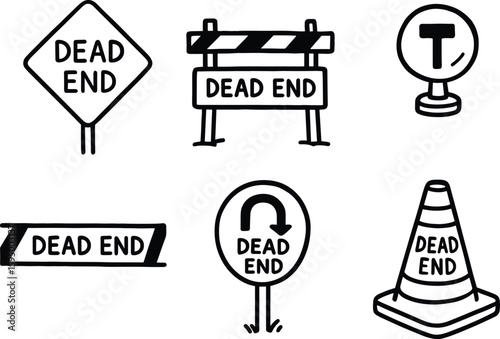 hand drawn cute doodle style isolated dead end cul de sac sign dead end barrier bollard dead end warning reflector dead end closure tape dead end turn around marker dead end roadblock cone