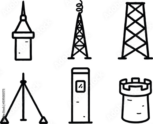 hand drawn cute doodle style isolated tower spire apex tower antenna mast tower girder frame tower guy wire anchor tower elevator shaft tower turret platform