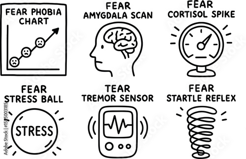 hand drawn cute doodle style isolated fear phobia chart fear amygdala scan fear cortisol spike meter fear stress ball fear tremor sensor fear startle reflex coil