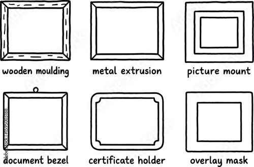 hand drawn cute doodle style isolated frames wooden moulding frames metal extrusion frames picture mount frames document bezel frames certificate holder frames overlay mask