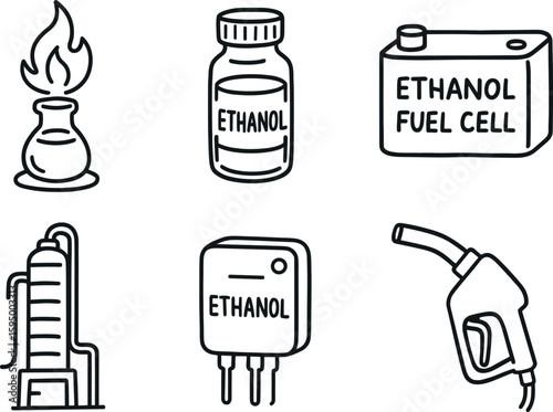 hand drawn cute doodle style isolated ethanol flame test ethanol solvent vial ethanol fuel cell ethanol distillation column ethanol sensor chip ethanol dispenser nozzle