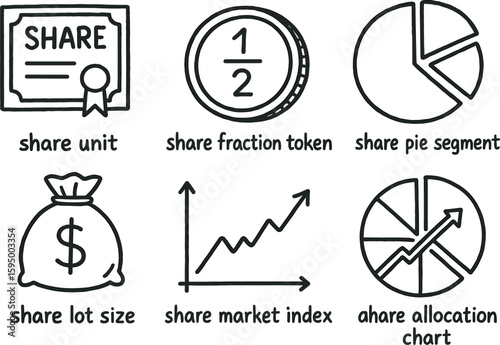 hand drawn cute doodle style isolated share equity unit share fraction token share pie segment share lot size share market index share allocation chart