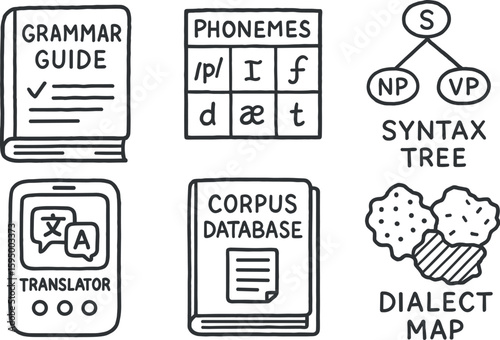 hand drawn cute doodle style isolated language grammar guide language phoneme chart language syntax tree language translator module language corpus database language dialect map